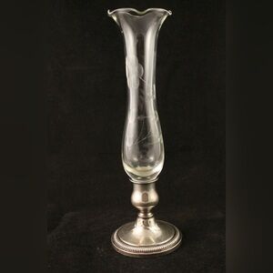 Antique Fisher Sterling Single Rose Vase, Floral Etching